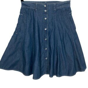 Vintage 1990s Liz Sport Skirt Size 6 Dark Blue Denim Chambray Pearl Snap Circle
